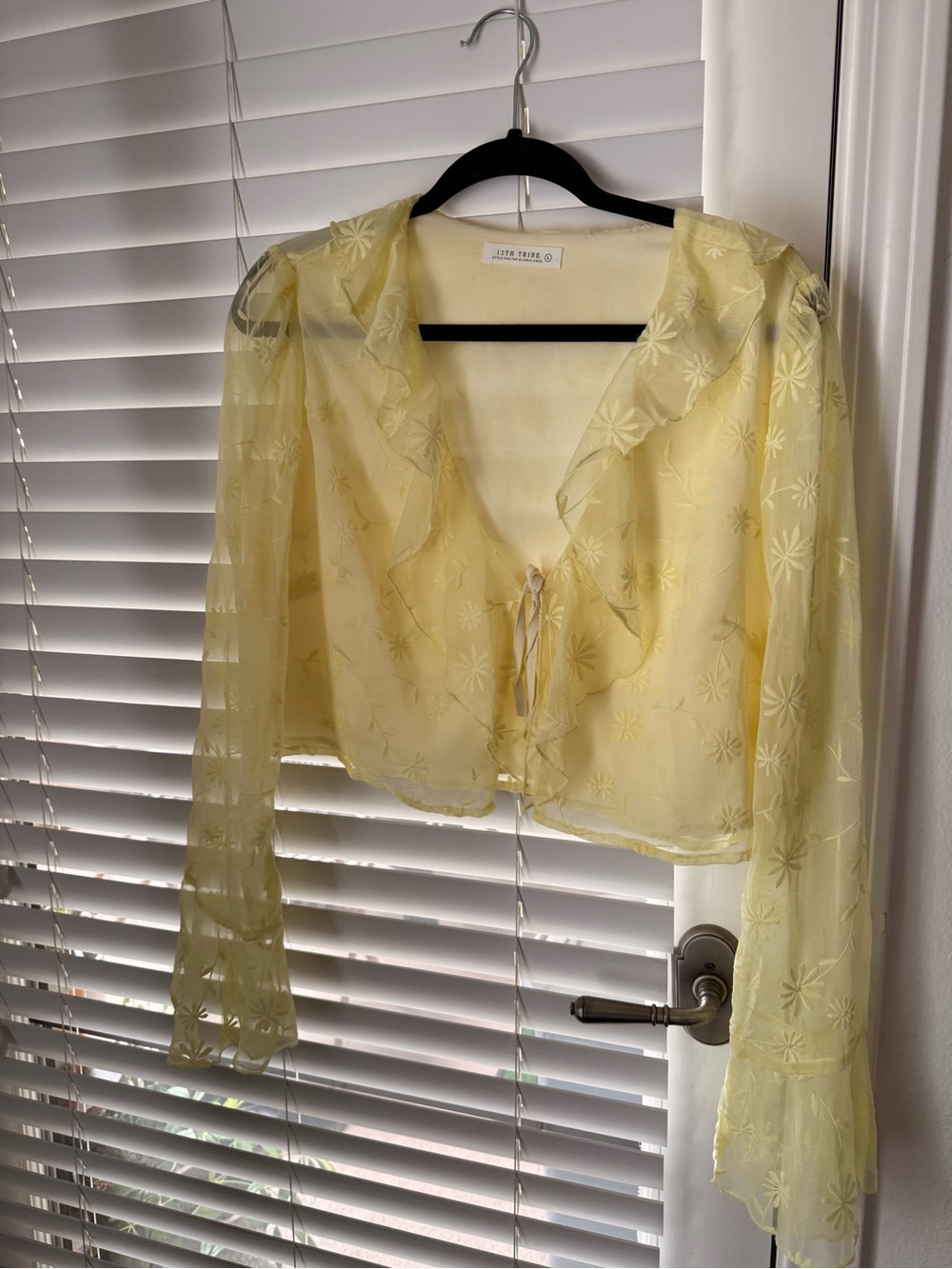 12th Tribe Pale Yellow Sheer Ruffle Tie-Front Blouse